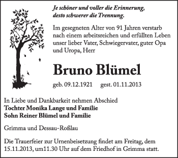 Traueranzeige von Bruno Blümel von Super Sonntag Dessau / Köthen