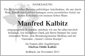 Traueranzeige von Manfred Kalbitz von WVG - Wochenspiegel Merseburg