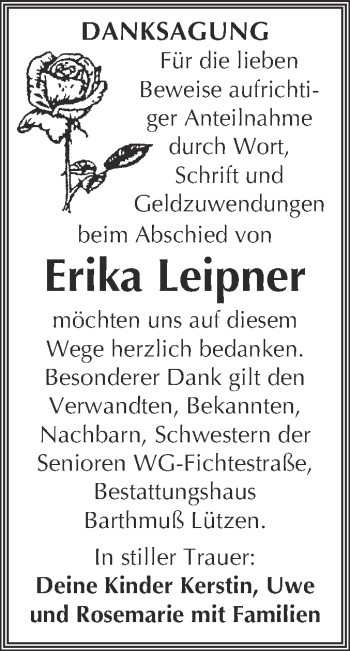 Traueranzeige von Erika Leipner von WVG - Wochenspiegel NMB / WSF / ZTZ