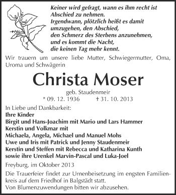 Traueranzeige von Christa Moser von WVG - Wochenspiegel NMB / WSF / ZTZ