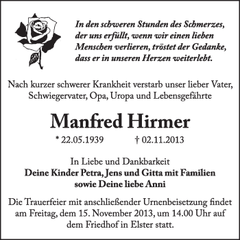 Traueranzeige von Manfred Hirmer von WVG - Wochenspiegel Wittenberg