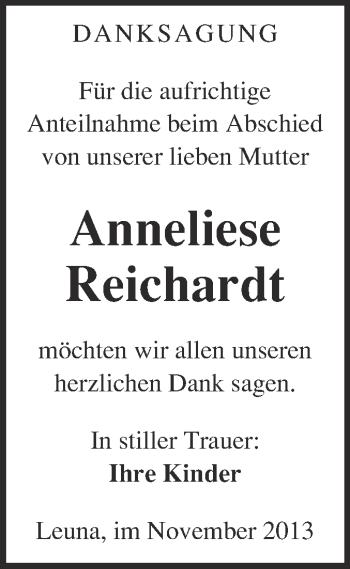 Traueranzeige von Anneliese Reichardt von WVG - Wochenspiegel Merseburg