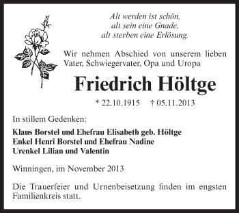 Traueranzeige von Friedrich Höltge von Super Sonntag Aschersleben
