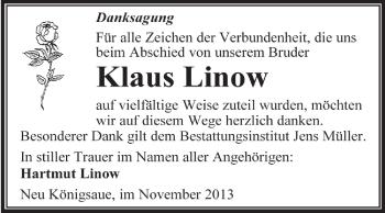 Traueranzeige von Klaus Linow von Super Sonntag Aschersleben