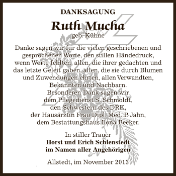 Traueranzeige von Ruth Mucha von Super Sonntag SGH Mansf. Land