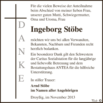 Traueranzeige von Ingeborg Stöbe von Super Sonntag Zeitz