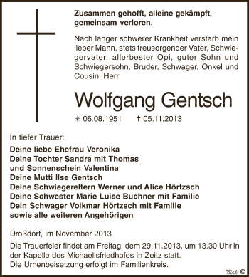 Traueranzeige von Wolfgang Gentsch von Super Sonntag Zeitz