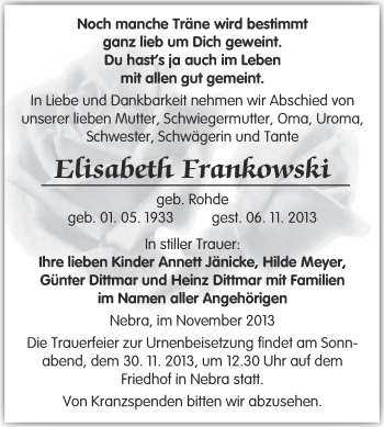Traueranzeige von Elisabeth Frankowski von WVG - Wochenspiegel NMB / WSF / ZTZ