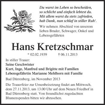 Traueranzeige von Hans Kretzschmar von Super Sonntag Merseburg
