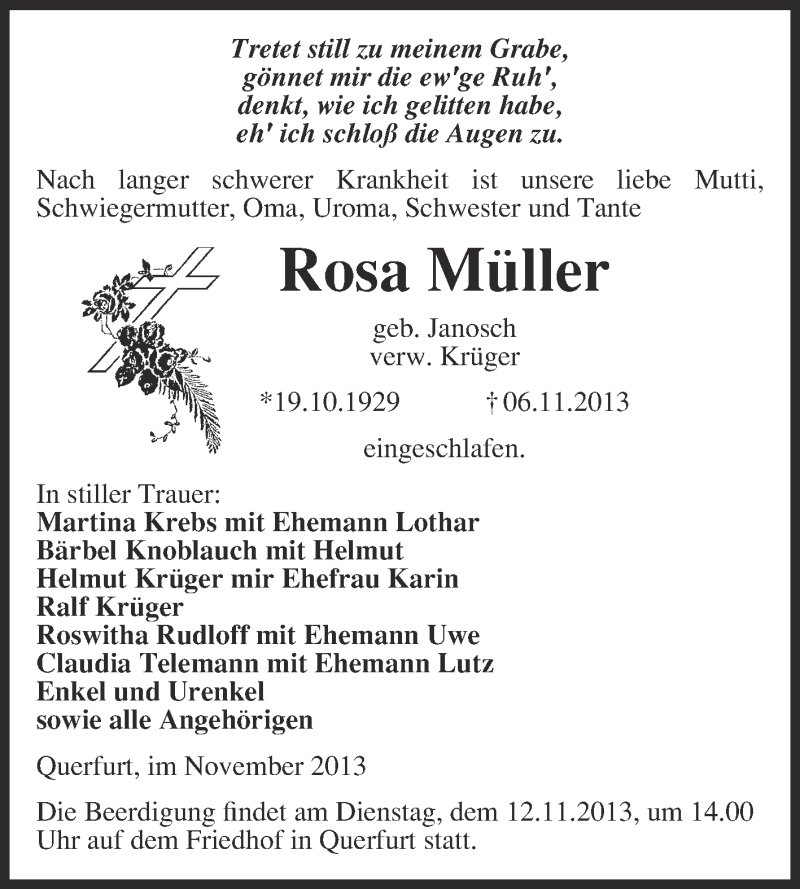  Traueranzeige für Rosa Müller vom 10.11.2013 aus WVG - Wochenspiegel Merseburg