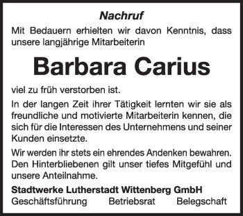 Traueranzeige von Barbara Carius von Super Sonntag Wittenberg