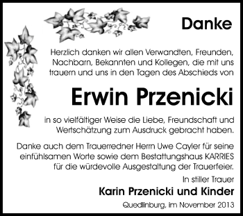 Traueranzeige von Erwin Przenicki von WVG - Wochenspiegel Quedlinburg