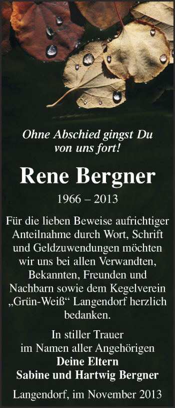 Traueranzeige von Rene Bergner von WVG - Wochenspiegel NMB / WSF / ZTZ