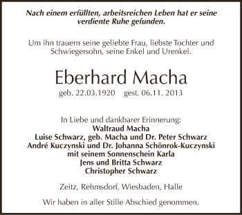 Traueranzeige von Eberhard Macha von Super Sonntag Zeitz