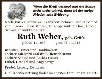 Traueranzeige von Ruth Weber von Super Sonntag Zeitz