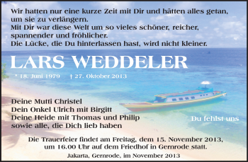 Traueranzeige von Lars Weddeler von WVG - Wochenspiegel Quedlinburg