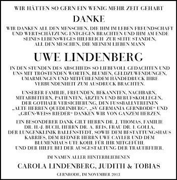Traueranzeige von Uwe Lindenberg von WVG - Wochenspiegel Quedlinburg