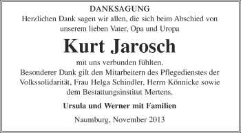 Traueranzeige von Kurt Jarosch von WVG - Wochenspiegel NMB / WSF / ZTZ