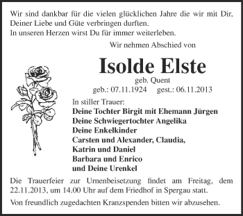 Traueranzeige von Isolde Elste von Super Sonntag Merseburg