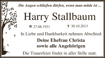 Traueranzeige von Harry Stallbaum von WVG - Wochenspiegel Dessau / Köthen