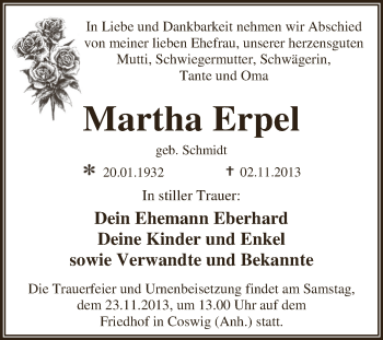 Traueranzeige von Martha Erpel von WVG - Wochenspiegel Dessau / Köthen