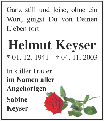 Traueranzeige von Helmut Keyser von WVG - Wochenspiegel Quedlinburg