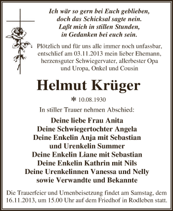 Traueranzeige von Helmut Krüger von WVG - Wochenspiegel Dessau / Köthen