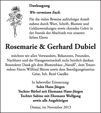 Traueranzeige von Rosemarie und Gerhard Dubiel von Super Sonntag Dessau / Köthen