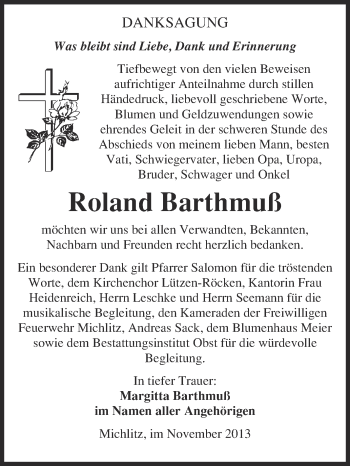 Traueranzeige von Roland Barthmuß von Super Sonntag Merseburg
