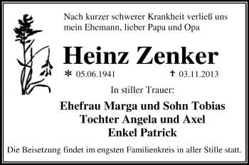 Traueranzeige von Heinz Zenker von Super Sonntag Dessau / Köthen