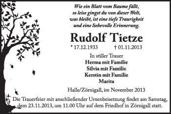 Traueranzeige von Rudolf Tietze von Super Sonntag Wittenberg