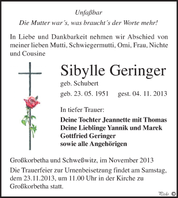 Traueranzeige von Sibylle Geringer von WVG - Wochenspiegel NMB / WSF / ZTZ