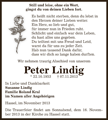 Traueranzeige von Peter Lindig von Super Sonntag Zeitz