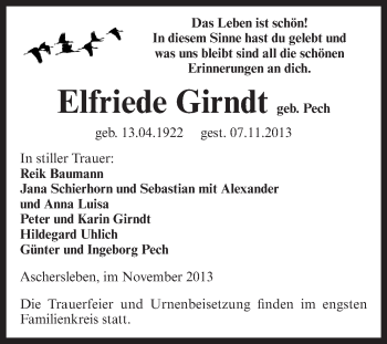 Traueranzeige von Elfriede Girndt von WVG - Wochenspiegel Aschersleben