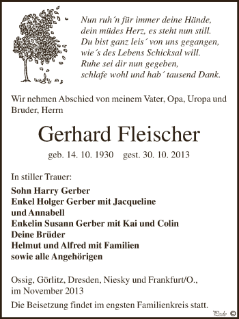 Traueranzeige von Gerhard Fleischer von Super Sonntag Zeitz