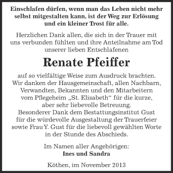 Traueranzeige von Renate Pfeiffer von WVG - Wochenspiegel Dessau / Köthen