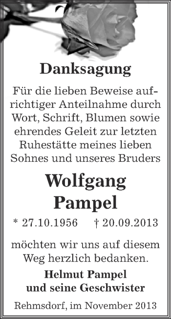 Traueranzeige von Wolfgang Pampel von Super Sonntag Zeitz