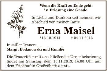 Traueranzeige von Erna Maisel von WVG - Wochenspiegel Bitterfeld
