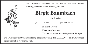 Traueranzeige von Birgit Baumbach von Super Sonntag Merseburg