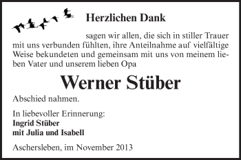 Traueranzeige von Werner Stüber von WVG - Wochenspiegel Aschersleben
