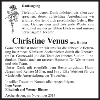 Traueranzeige von Christine Venus von WVG - Wochenspiegel Aschersleben