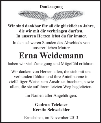 Traueranzeige von Erna Weidemann von WVG - Wochenspiegel Aschersleben