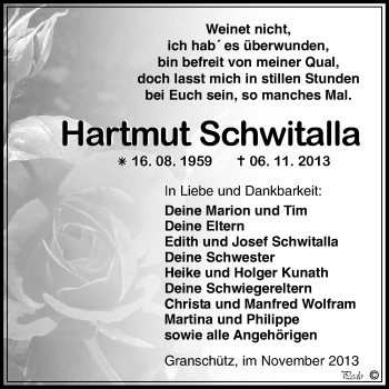 Traueranzeige von Hartmut Schwitalla von WVG - Wochenspiegel NMB / WSF / ZTZ