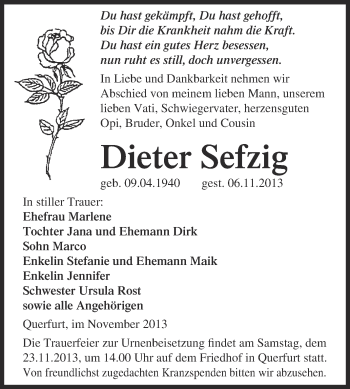 Traueranzeige von Dieter Sefzig von WVG - Wochenspiegel Merseburg