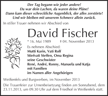 Traueranzeige von David Fischer von WVG - Wochenspiegel Merseburg