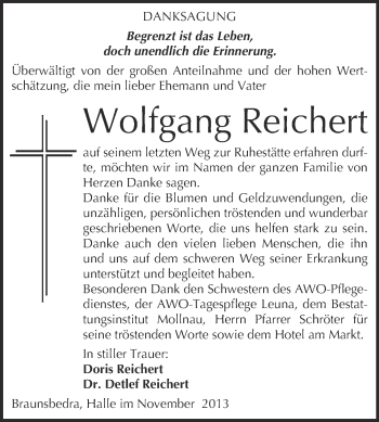 Traueranzeige von Wolfgang Reichert von WVG - Wochenspiegel Merseburg