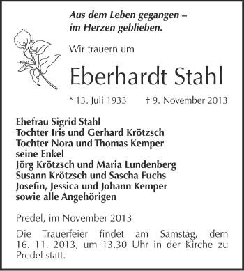 Traueranzeige von Eberhardt Stahl von WVG - Wochenspiegel NMB / WSF / ZTZ