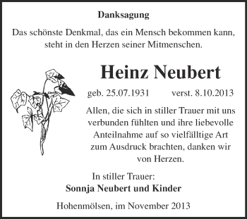 Traueranzeige von Heinz Neubert von WVG - Wochenspiegel NMB / WSF / ZTZ
