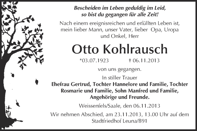  Traueranzeige für Otto Kohlrausch vom 13.11.2013 aus WVG - Wochenspiegel NMB / WSF / ZTZ