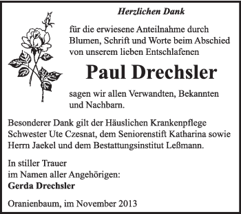 Traueranzeige von Paul Drechsler von WVG - Wochenspiegel Wittenberg